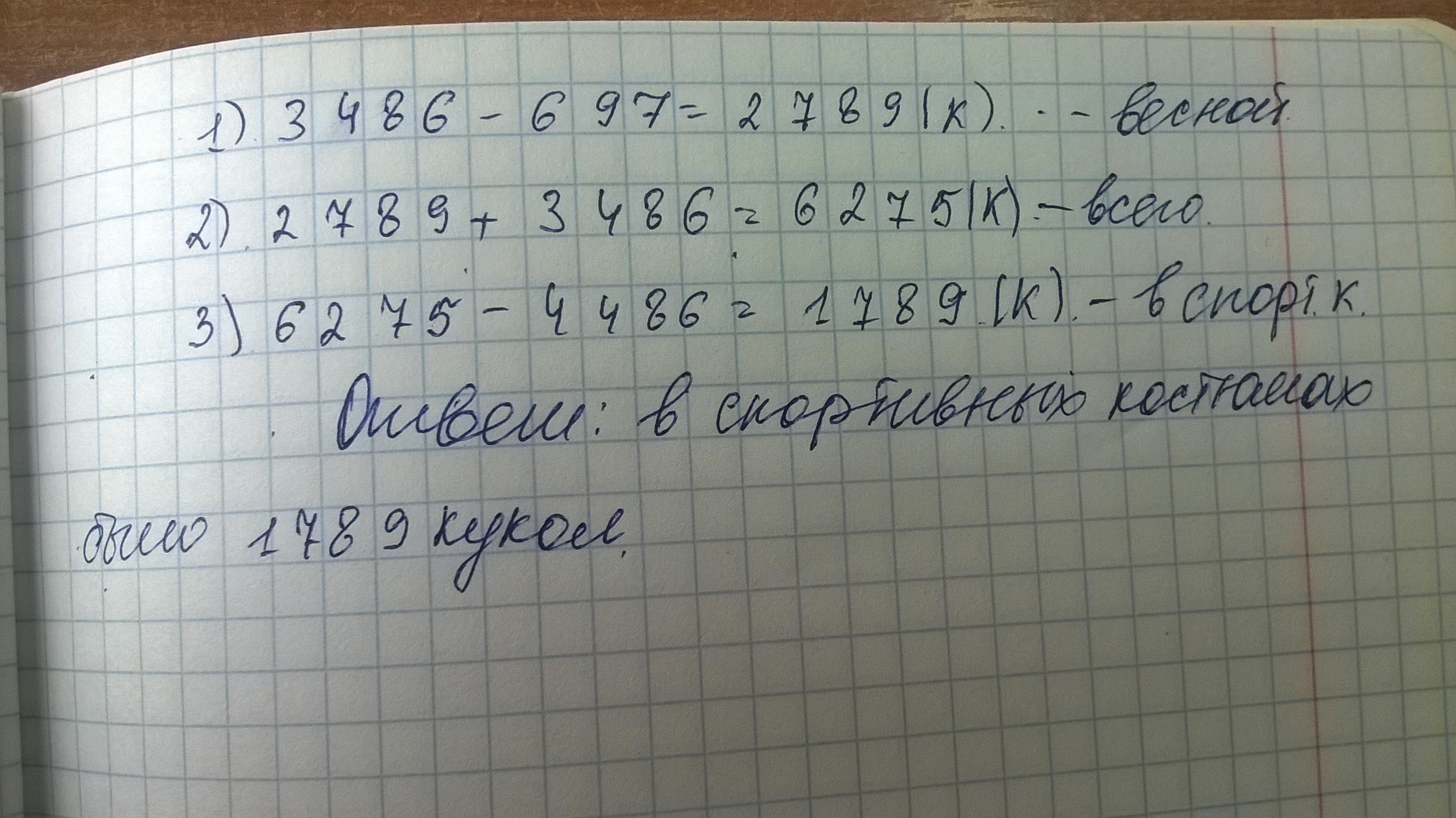 Зимой в магазине продали 3486 кукол весной на 697 кукол меньше